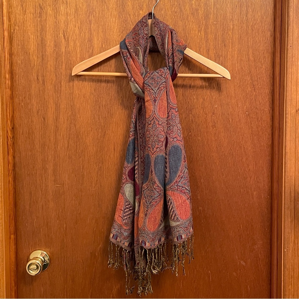 Pink Paisley Patterned Scarf with Fringe